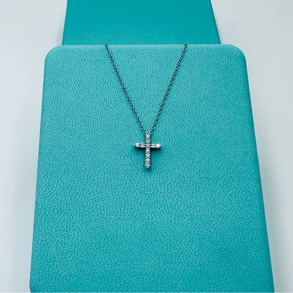 Tiffany & Co. .21 TCW Diamond Cross Necklace in Platinum with Packaging - Picture 3 of 13
